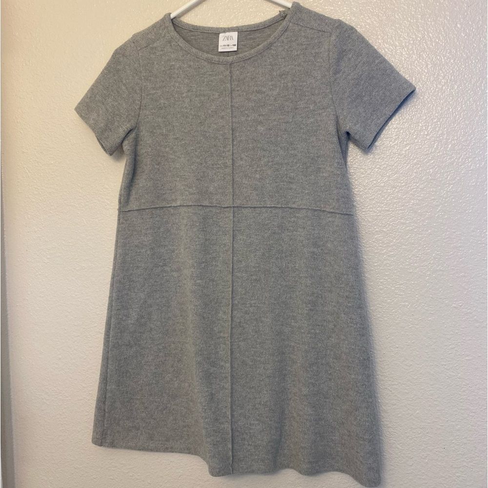 Zara Girls Short Sleeve Soft Touch Sweater Dress In Cloud gray cozy ribbed 11-12